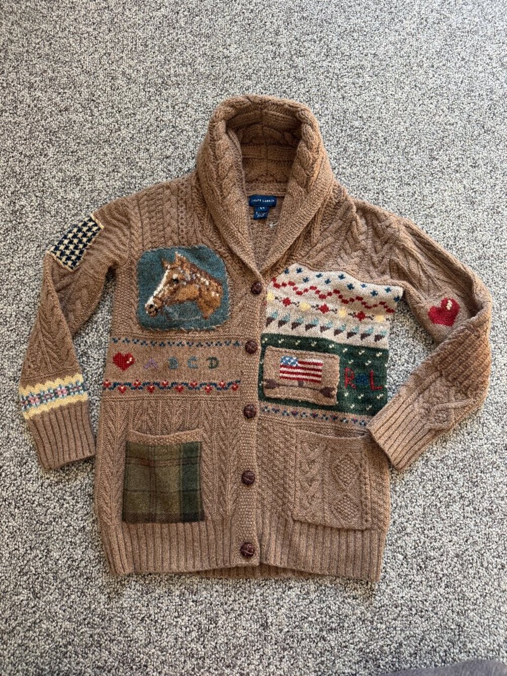 NEW RARE Vintage Ralph Lauren Girls Wool Patchwork Cardigan Sweater S 7